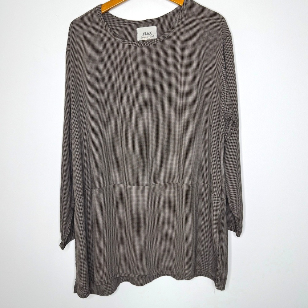 Flax micro gingham check rayon tunic top Small Brown